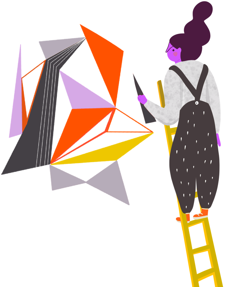 Ilustración de una creadora construyendo formas